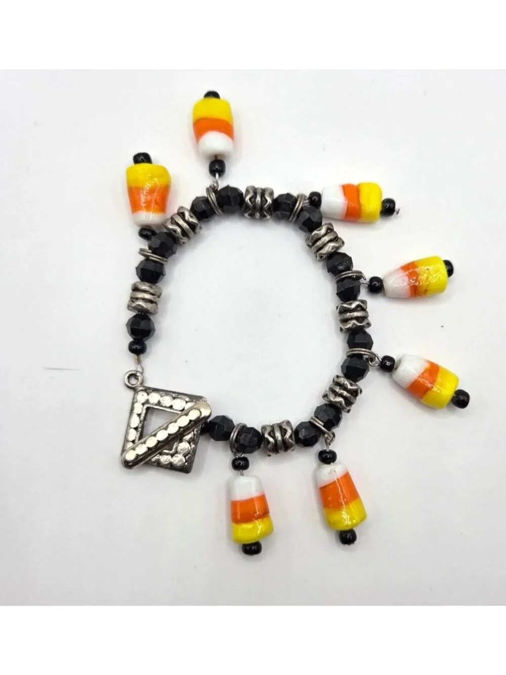 Candy Corn Look Glass Bead Charm Bracelet With Black Beads & Silver Accents Togg